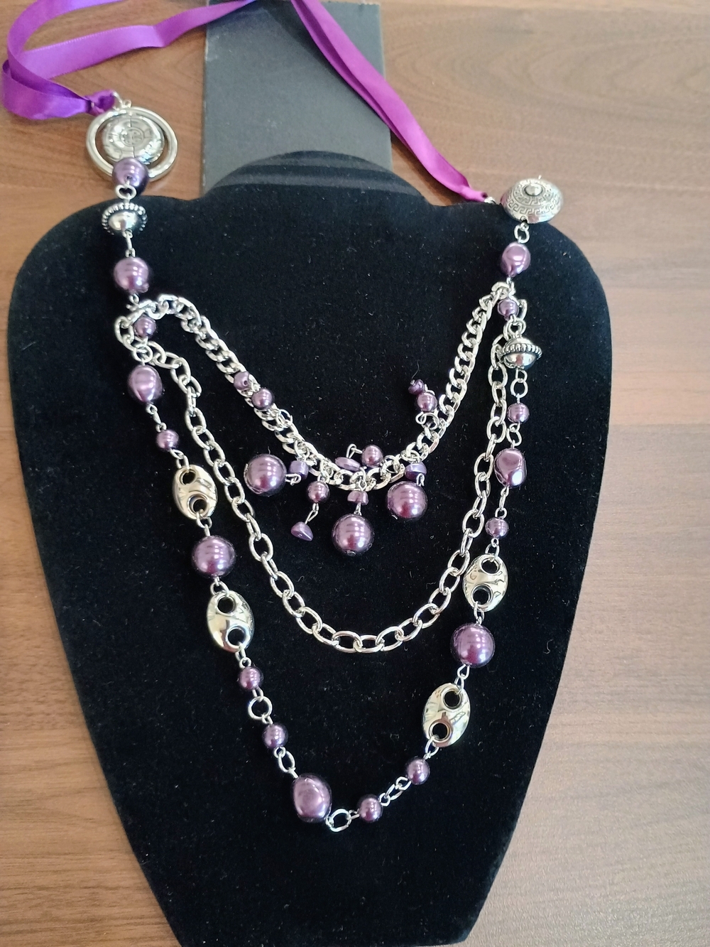 paparazzi Purple Multi-Strand Pearl & Silver Chain Necklace And Matching Earring